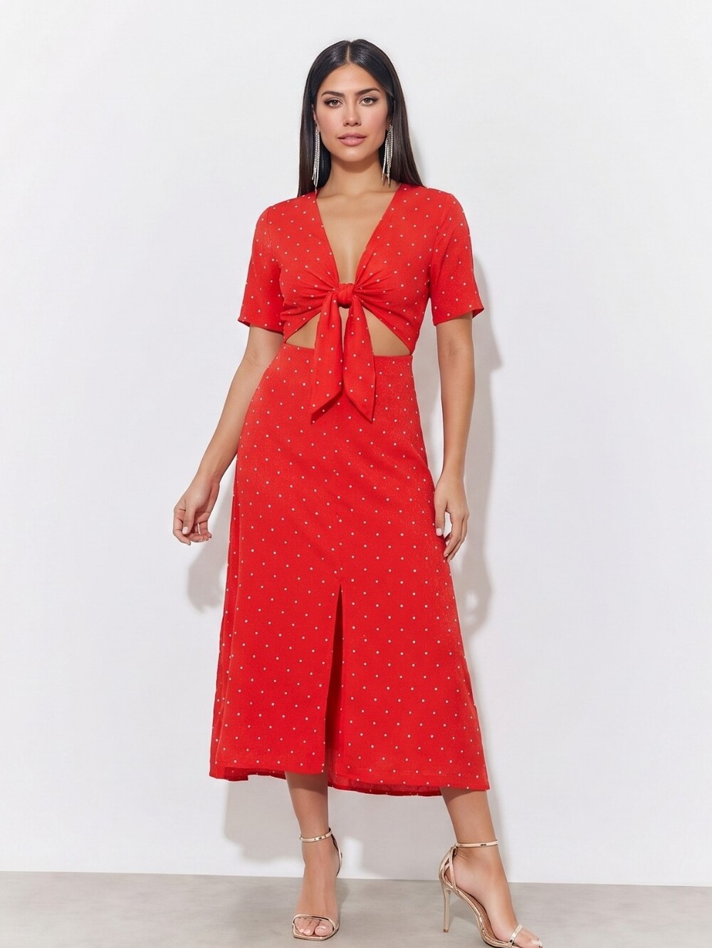 Maje Womens Red Rinoui Tie-Front Polka Dot Midi Dress Sz 36 NWT Romantic